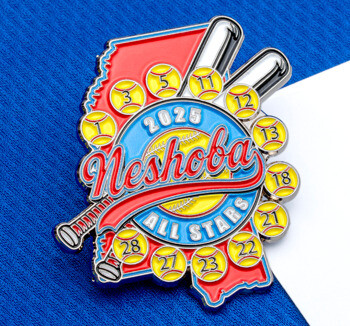 Custom enamel lapel pin for Neshoba All Stars 2025 featuring a softball theme with player numbers, bats, and a state map outline.