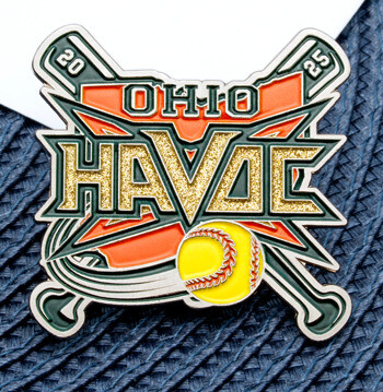 Custom enamel lapel pin for Ohio Havoc featuring crossed softball bats, a yellow softball, orange accents, and gold glitter lettering.