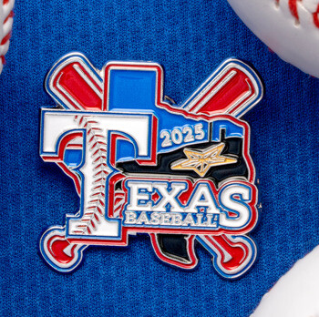 Custom enamel pin for Texas Baseball 2025 featuring a large T with baseball stitching, crossed bats, and the state of Texas outline on a blue background.