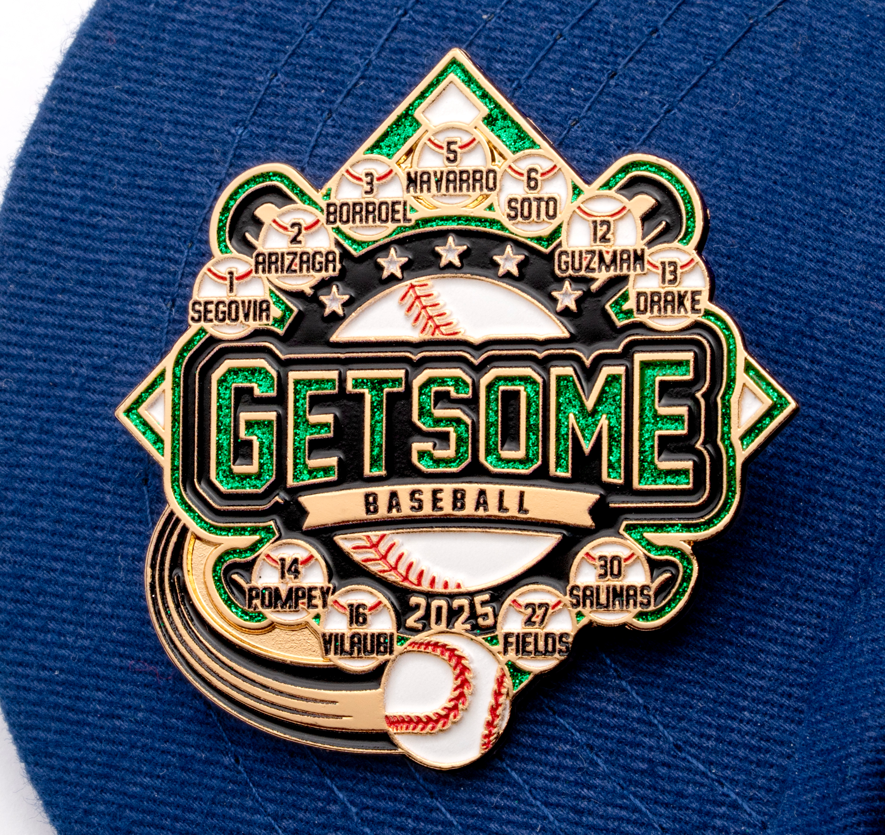 Green glitter and gold enamel baseball trading pin featuring the text Getsome Baseball and player names on a blue cap.