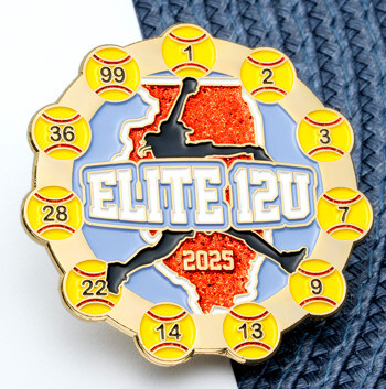 Circular softball trading pin featuring a player silhouette over an orange glitter Illinois map, surrounded by yellow softballs with jersey numbers.