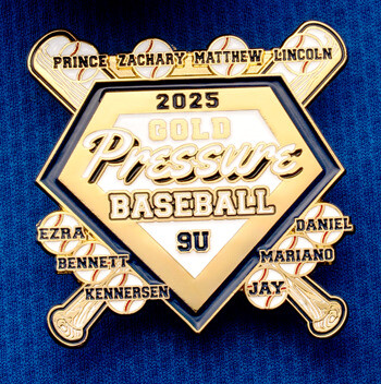 Gold and blue home plate shaped baseball trading pin with crossed bats, names, and the text Pressure Baseball 9U, 2025.
