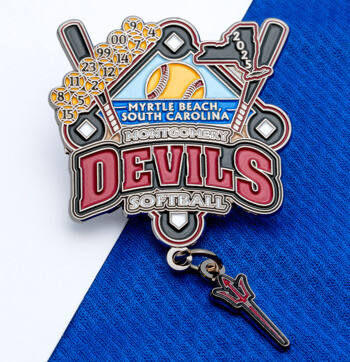 Softball trading pin for Montgomery Devils featuring bats, a yellow ball, Myrtle Beach text, and a dangling pitchfork charm.