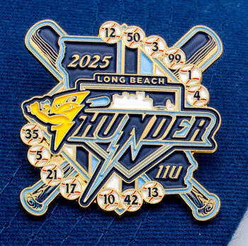 Soft enamel baseball trading pin for Long Beach Thunder featuring 2025, crossed bats, and player numbers on a blue hat brim.