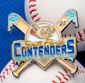 Enamel lapel pin for South Florida Contenders featuring ice cream themed crossed baseball bats over a home plate, displayed on two baseballs.