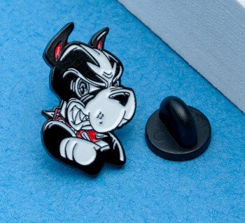 Enamel lapel pin featuring a black and white cartoon bulldog with a red spiked collar and a rubber clutch backing.