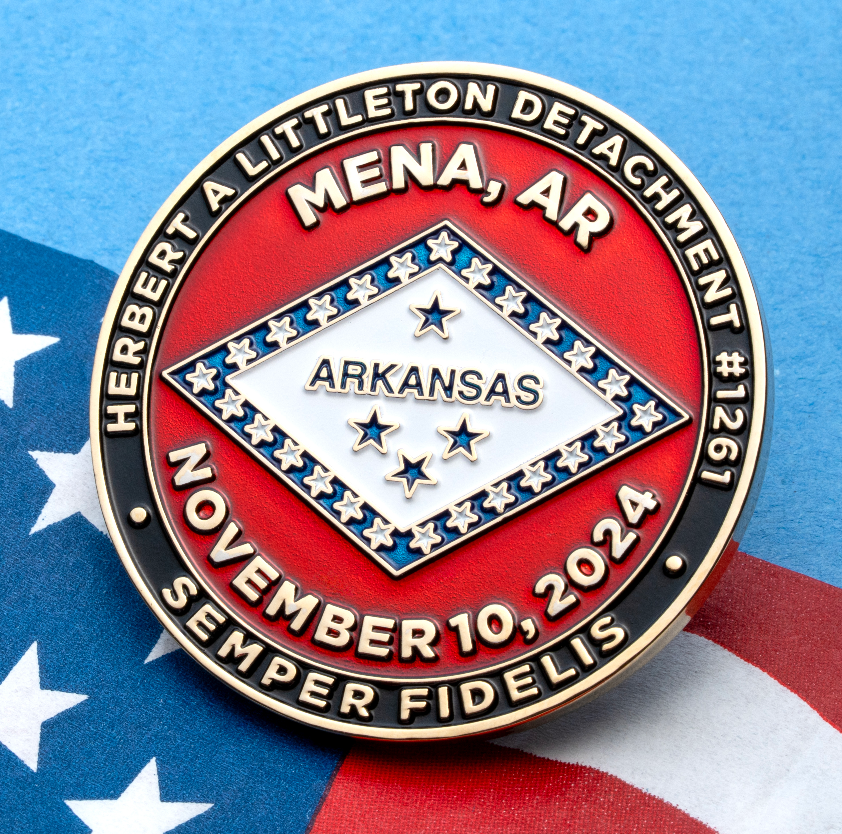 map[name:Circular challenge coin for Herbert A Littleton Detachment #1261 featuring the Arkansas state flag design, dated November 10, 2024, resting on an American flag. naturalSort:Circular challenge coin for Herbert A Littleton Detachment #00000000000000000000000000001261.00000000000000000000000000000000  featuring the Arkansas state flag design, dated November 00000000000000000000000000000010.00000000000000000000000000000000 , 00000000000000000000000000002024.00000000000000000000000000000000 , resting on an American flag.]