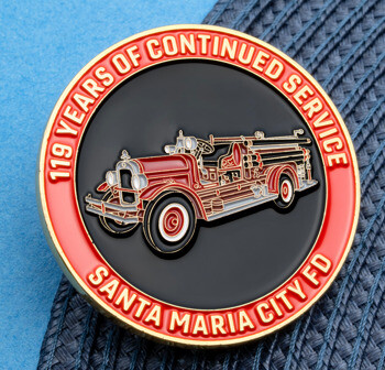 Circular enamel lapel pin for Santa Maria City FD featuring a vintage red fire truck on a black background with a red border.