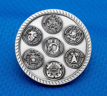 Antiqued silver medallion featuring emblems of the Army, Navy, Air Force, Marine Corps, Coast Guard, Space Force, and POW-MIA on a blue background.