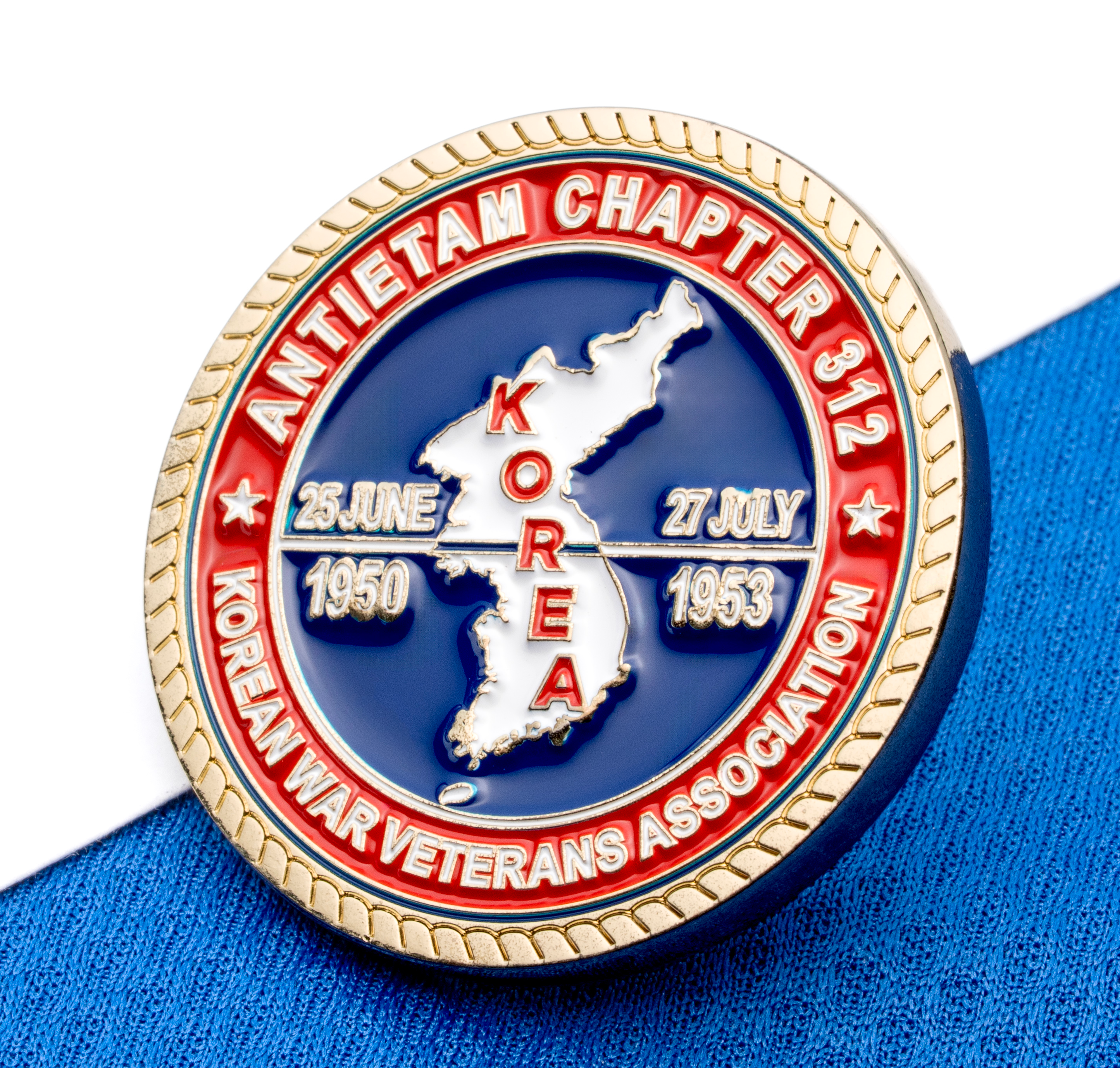 Circular challenge coin for Antietam Chapter 312 Korean War Veterans Association featuring a map of Korea and rope edge.