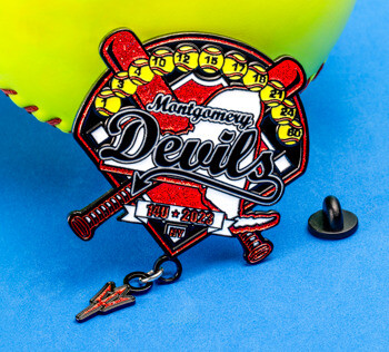 Custom soft enamel lapel pin for Montgomery Devils softball featuring crossed bats, glitter red background, and small jersey number softballs.