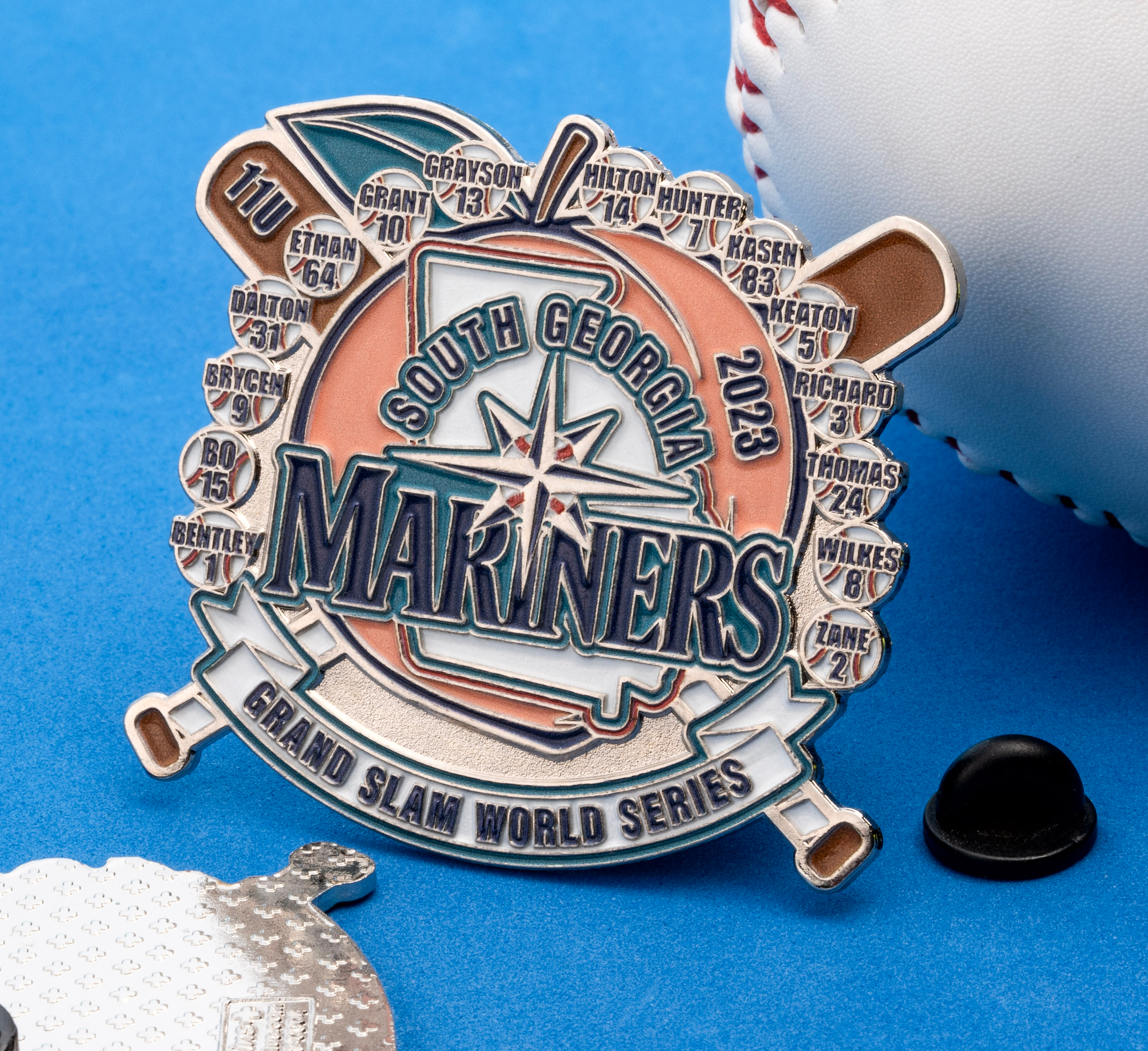 South Georgia Mariners Grand Slam World Series baseball themed lapel pin featuring player names and crossed bats.