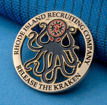 Gold and black enamel lapel pin for Rhode Island Recruiting Company featuring a kraken octopus design and the Liberty Bell.