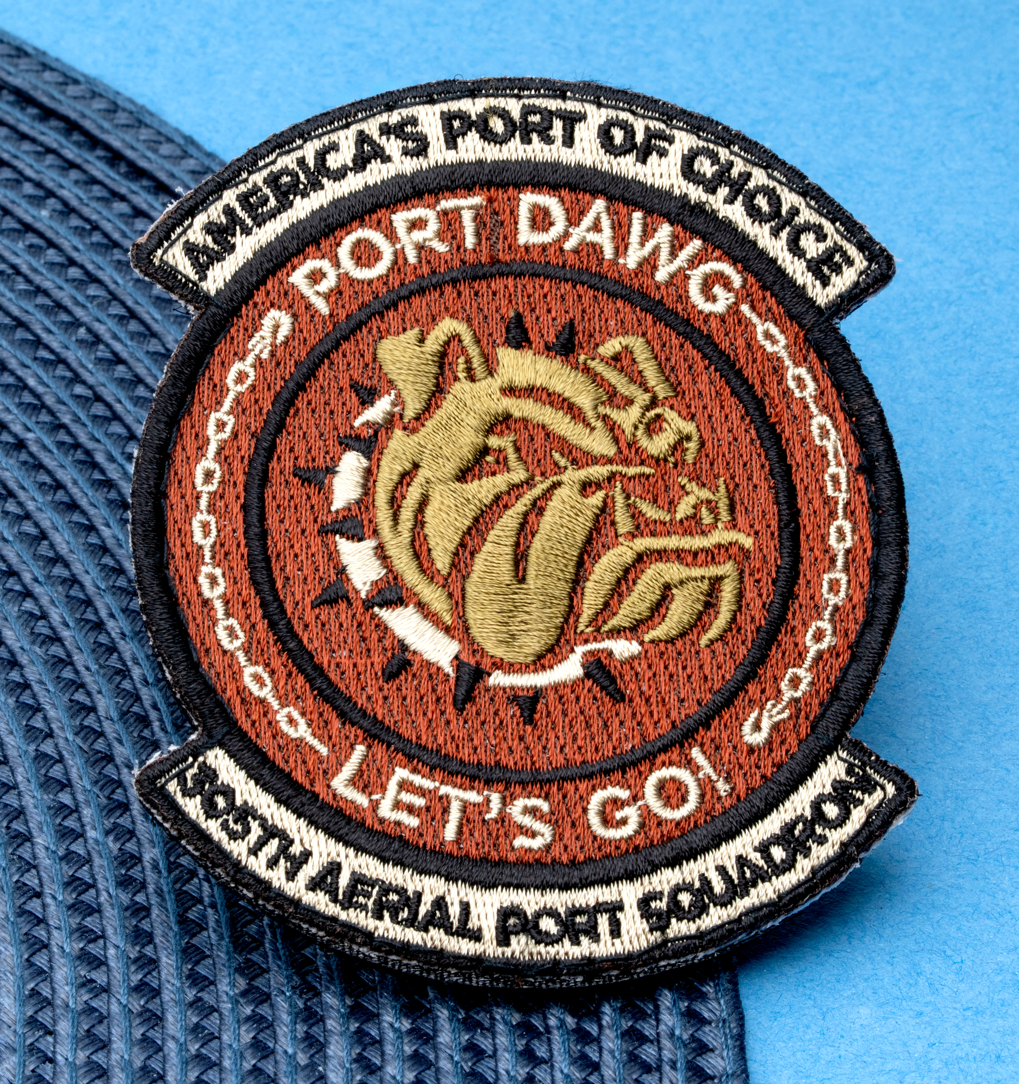 Circular embroidered patch for the 305th Aerial Port Squadron featuring a bulldog mascot, the text Port Dawg, and a spiked collar design.