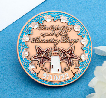 Circular challenge coin featuring a lighthouse, starfish, and blue floral border with the text Thanks for being a part of this Amazing Day 9/10/22.