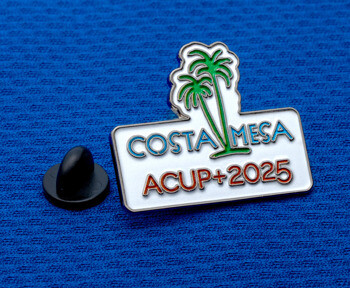 Soft enamel lapel pin for Costa Mesa ACUP+ 2025 featuring two green palm trees on a white background with a black rubber clutch.