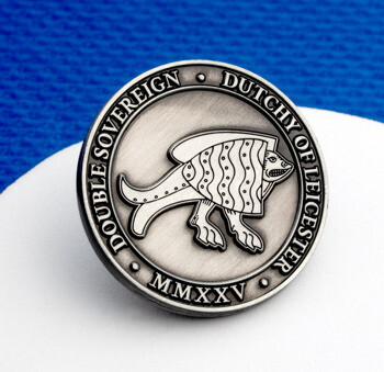 Antiqued silver challenge coin featuring a winged fish creature, titled Dutchy of Leicester Double Sovereign MMXXV.