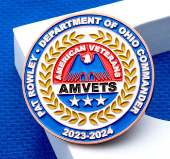 Round enamel challenge coin featuring the AMVETS logo with an eagle, stars, and golden laurel wreath for the Department of Ohio Commander.