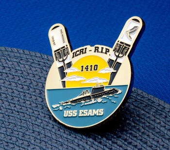 Custom challenge coin featuring a submarine, sun, and missiles with text ICRI - R.I.P. USS ESAMS and 1410.