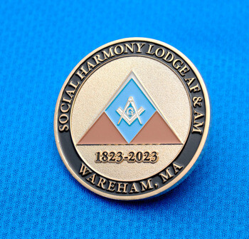 Circular Masonic challenge coin for Social Harmony Lodge AF & AM Wareham, MA, featuring a central pyramid and compass emblem with dates 1823-2023.