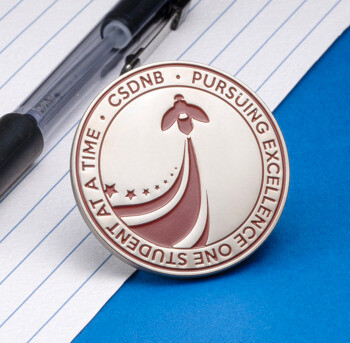 Circular silver lapel pin with CSDNB logo and 'Pursuing Excellence One Student At A Time' text on a notebook.