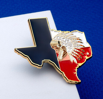 Texas shaped lapel pin featuring a black, white, and red color scheme with a detailed Native American headdress design.