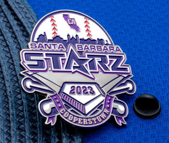 Santa Barbara Starz 2023 Cooperstown lapel pin featuring a baseball diamond, bats, and purple skyline design.