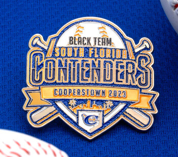 South Florida Contenders baseball lapel pin with crossed bats, home plate shape, and blue and gold enamel on a blue background with basebals.