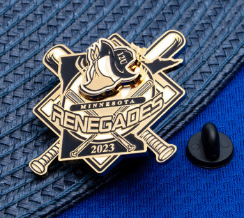 Enamel lapel pin for Minnesota Renegades 2023 featuring crossed baseball bats, a 12U player, and gold plating on a blue hat.