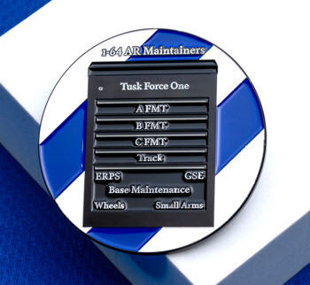 Circular challenge coin featuring a black toolbox design on a blue and white striped background, inscribed with 1-64 AR Maintainers and Tusk Force One.