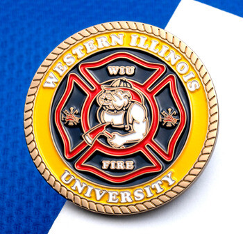 Western Illinois University Fire Department challenge coin featuring a bulldog wearing a firefighter hat inside a red maltese cross.