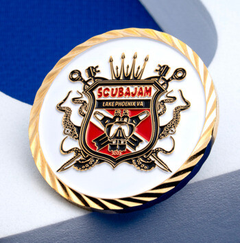 Scubajam Lake Phoenix VA challenge coin with a white background, gold rope border, and a red and black crest featuring a diving mask and octopus tentacles.