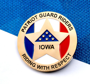 Patriot Guard Riders Iowa custom lapel pin with red, white, and blue enamel and a central star design with US flag details.