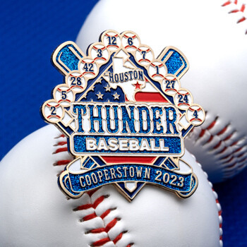 Custom baseball trading pin for Houston Thunder Baseball Cooperstown 2023 with blue glitter, crossed bats, and player numbers.