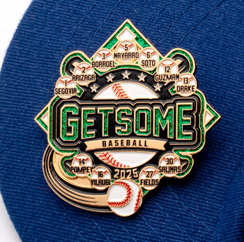 GETSOME Baseball enamel trading pin attached to the brim of a blue cap, featuring green glitter accents and player roster names.