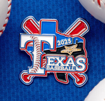 Texas Baseball 2025 trading lapel pin featuring crossed bats, a cowboy boot, and the state silhouette against base balls.