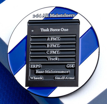Round challenge coin featuring 1-64 AR Maintainers over a black toolbox emblem on a blue and white striped background.
