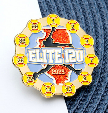 Elite 12U 2025 softball trading lapel pin featuring a pitcher silhouette over the state of Illinois bordered by numbered softballs.