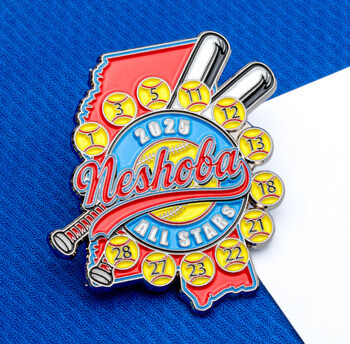 Custom softball trading pin for Neshoba 2025 All Stars featuring numbered softballs and crossed bats against a red state outline.