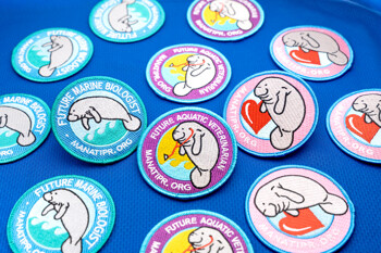 A collection of circular embroidered patches featuring manatees with text like Future Marine Biologist and Future Aquatic Veterinarian on a blue background.