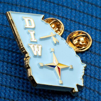 Light blue lapel pin in the shape of Georgia featuring the letters DIW, a gold dragonfly, and a compass rose with multi-colored accents.
