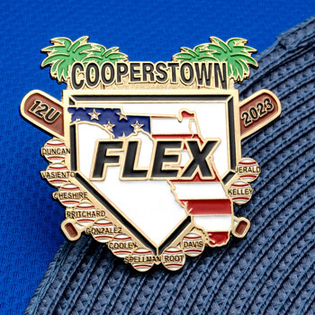 Custom baseball trading pin for Cooperstown Flex featuring a Florida map with American flag pattern, palm trees, bats, and player names.